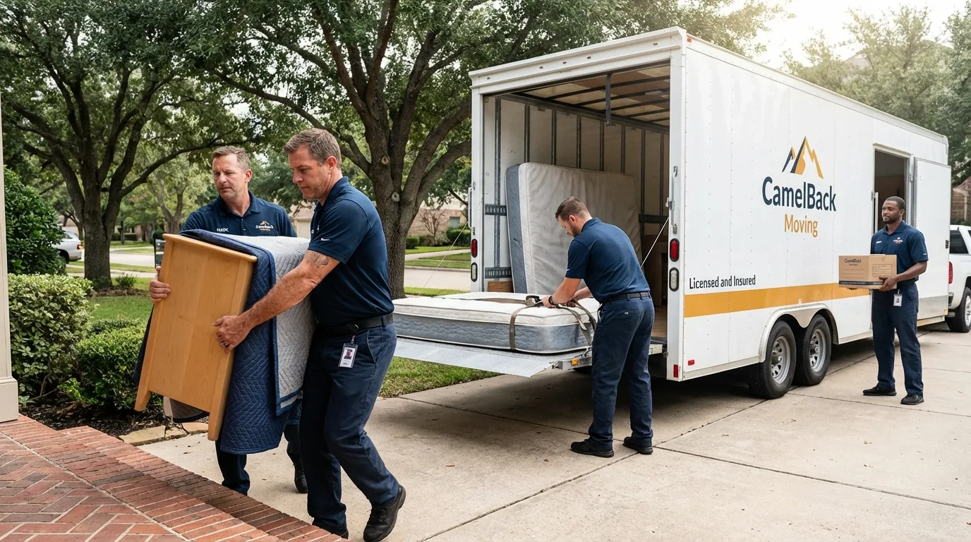 Crew loading residential truck for cross-state move from Woodland, CA