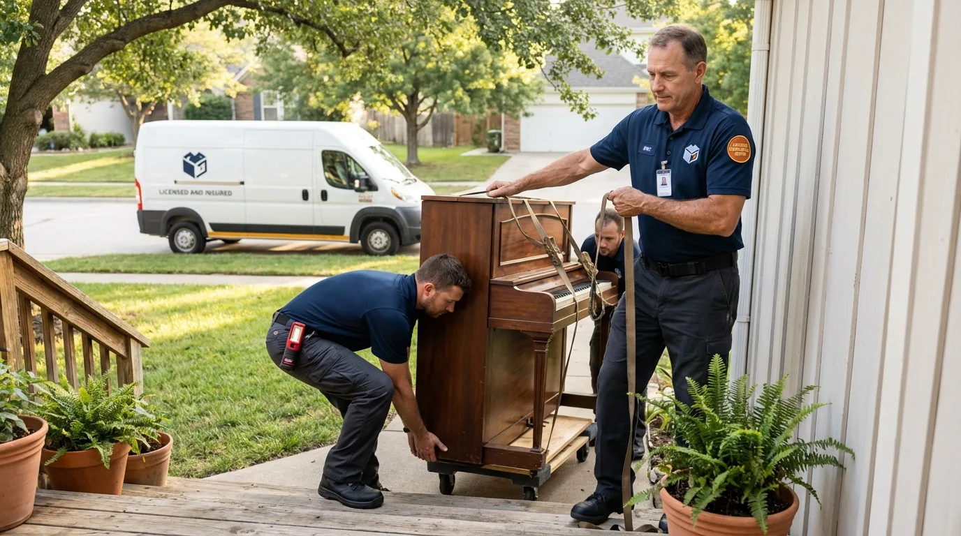 Licensed piano movers securing grand piano in Woodland, CA