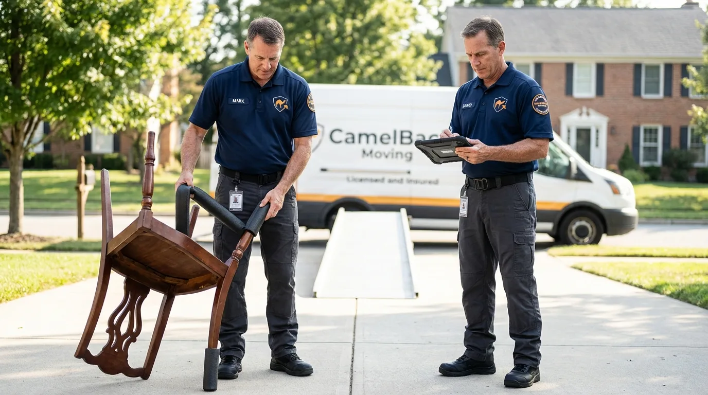Movers inspecting furniture for damage prevention before loading in Woodland, CA