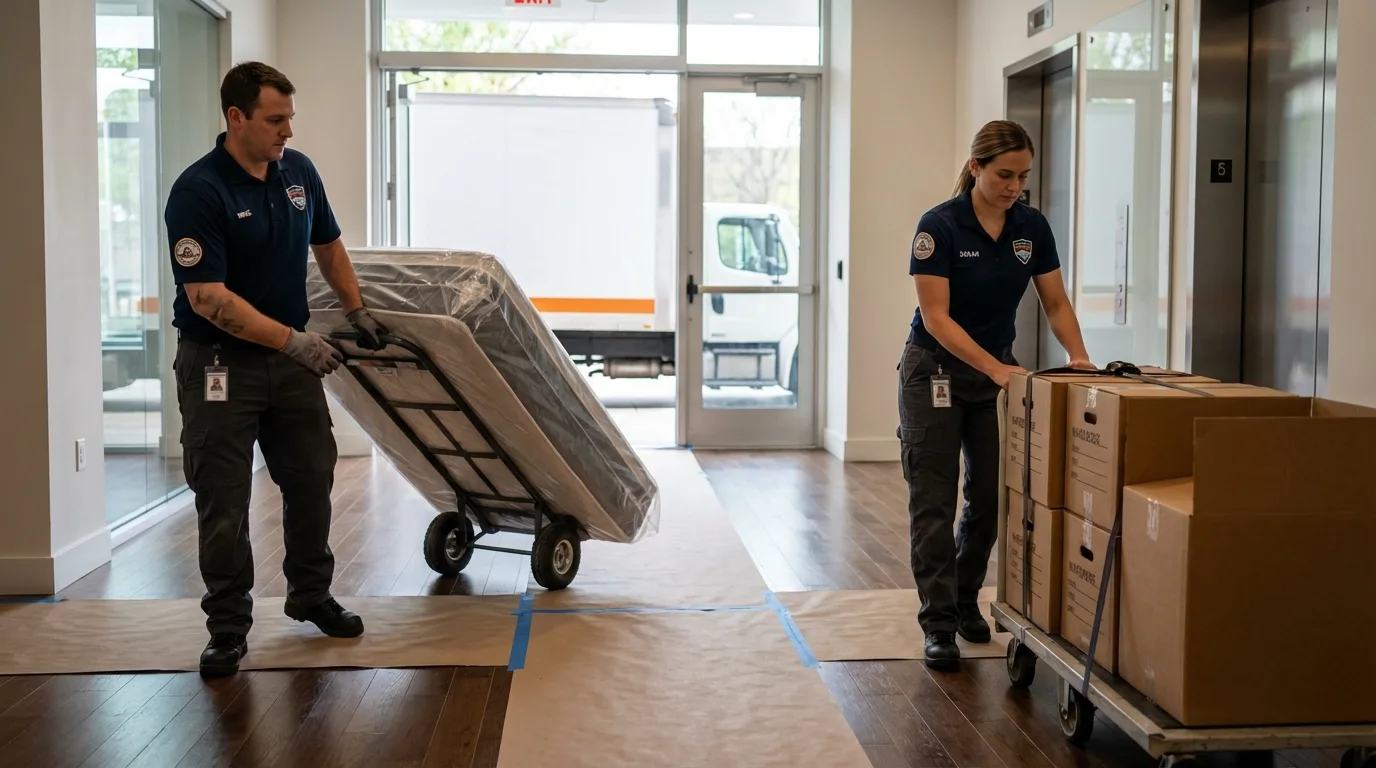 Professional apartment movers loading elevator in Woodland, CA