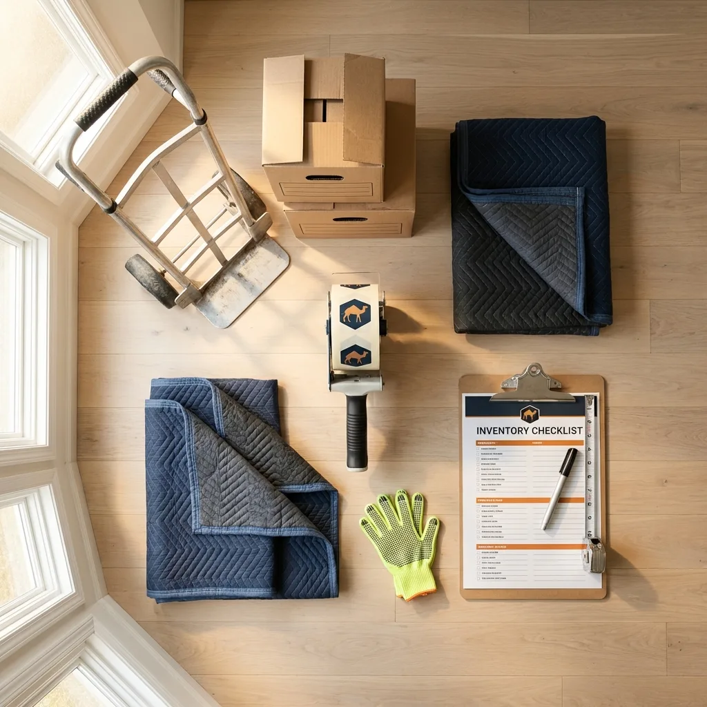 Professional moving supplies and packing materials layout for Woodland residential relocations